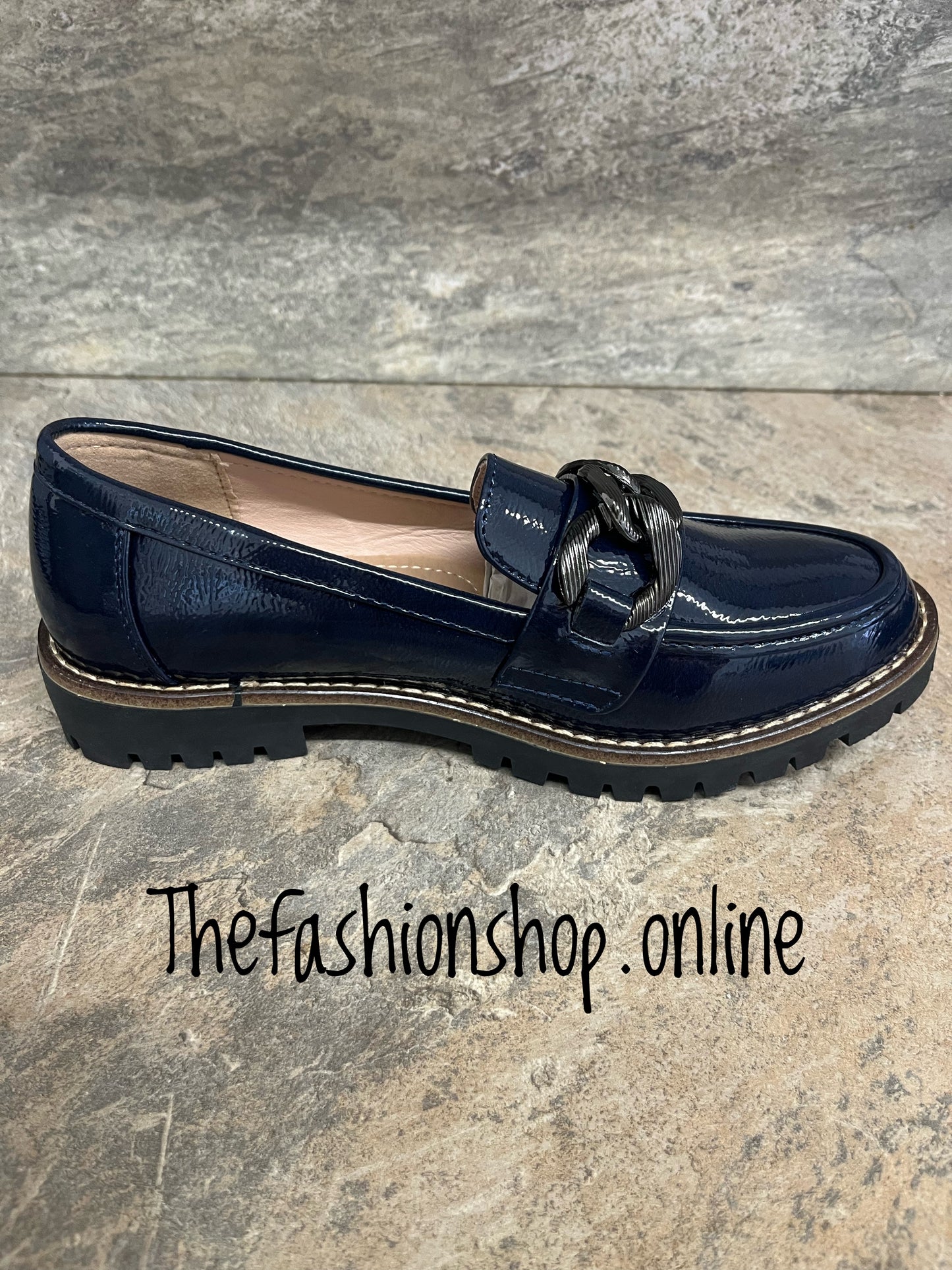 Adeline navy patent chain loafer sizes 4-8