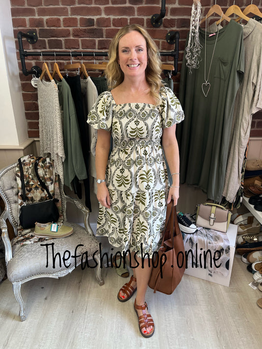 Darcy khaki and cream midi dress sizes 8, 10 and 12