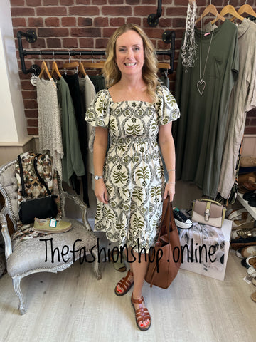 Darcy khaki and cream midi dress sizes 8, 10 and 12