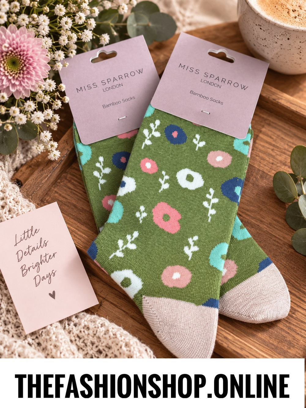 Miss Sparrow Green Floral Pattern Bamboo socks 3-7