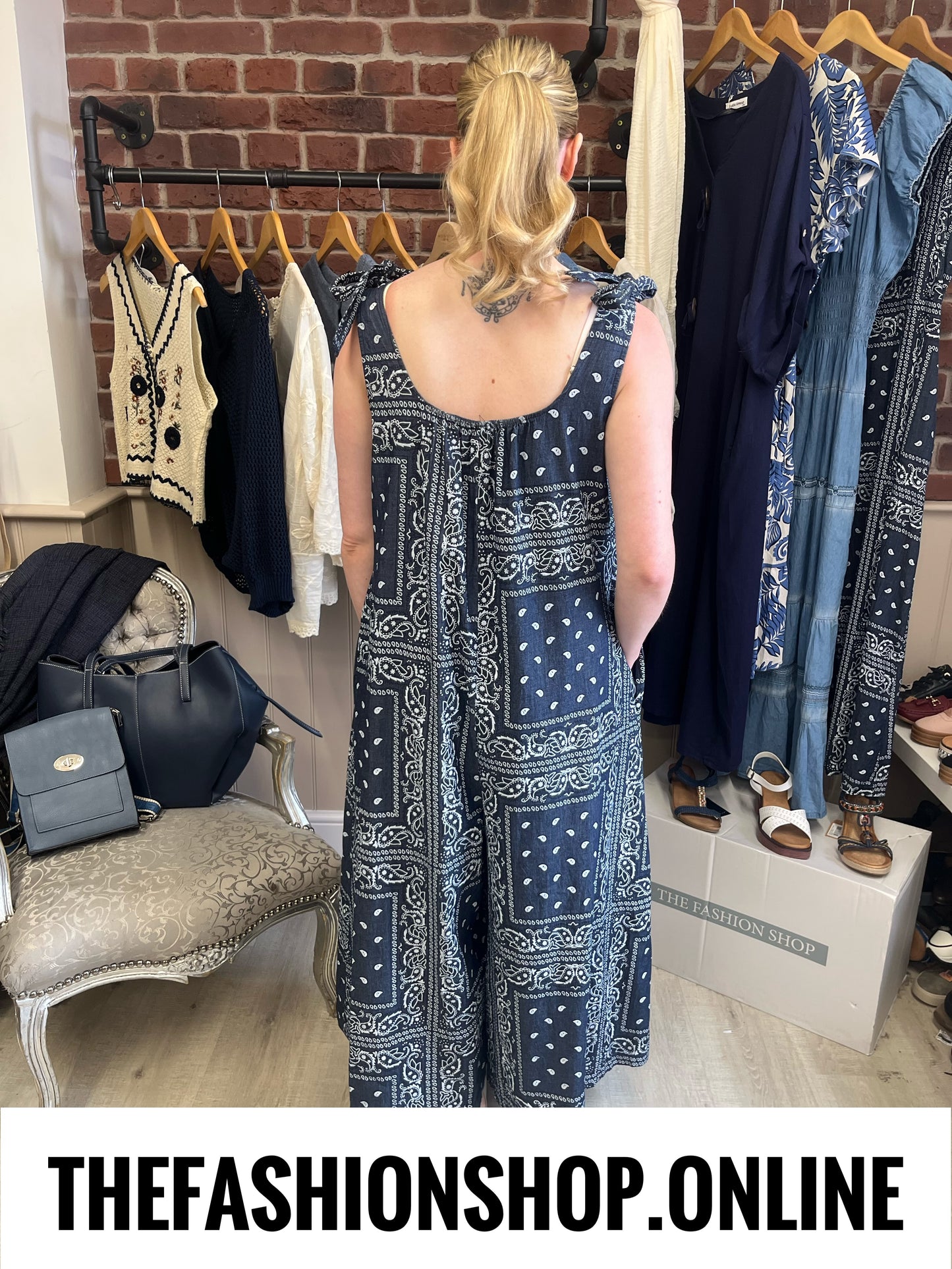 Gracie navy paisley print dungarees 10-16