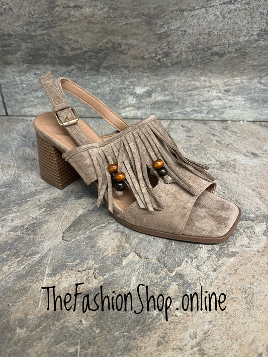 Luna mocha block heel fringed sandals sizes 3-8 (36-41)
