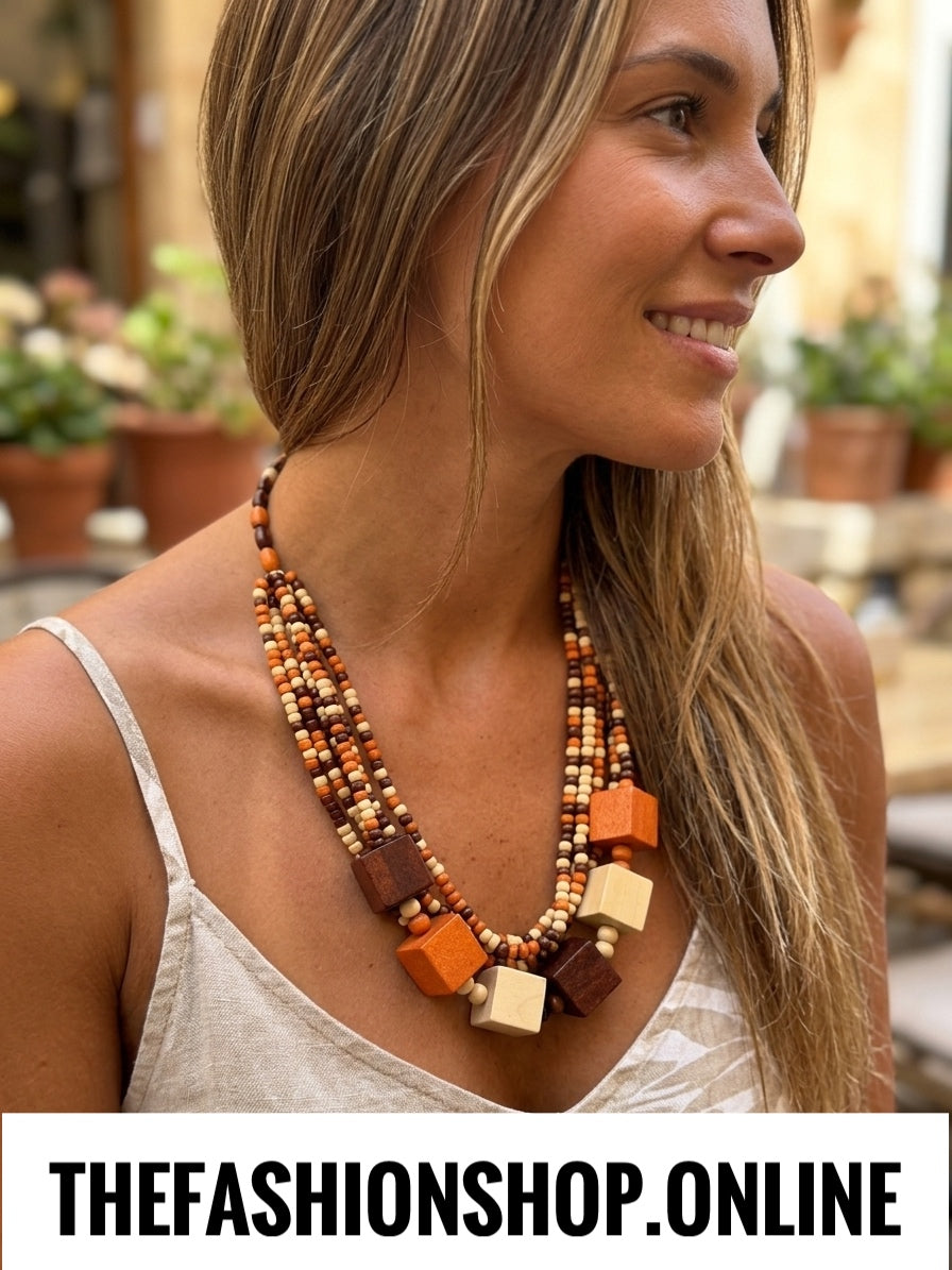 Chunky Boho Chic Wooden Necklace in Brown Cream and Orange