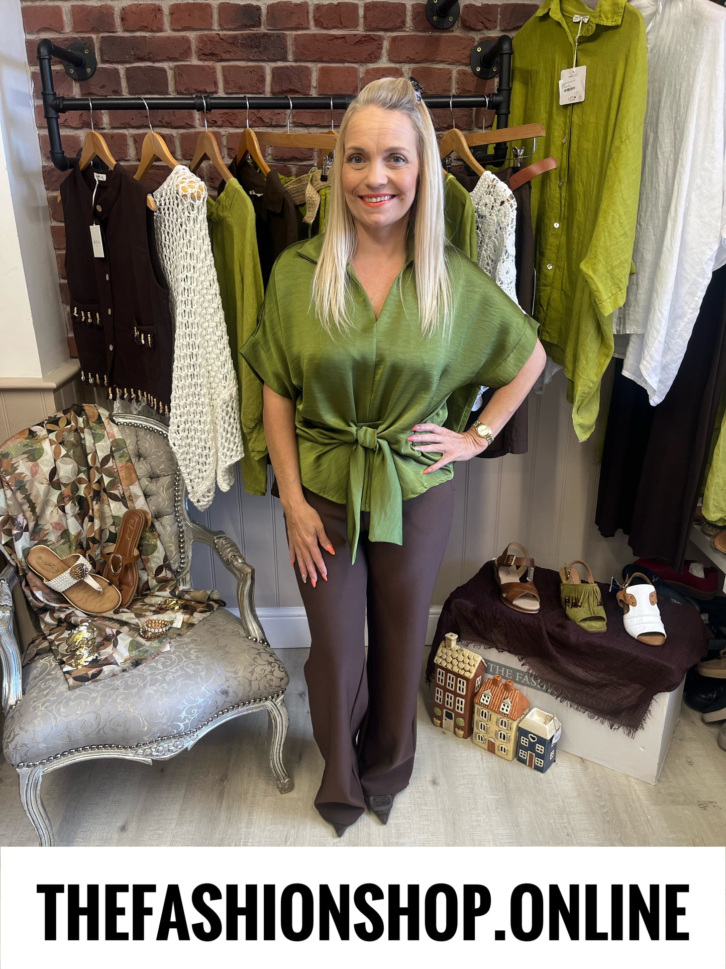 Maria olive tie front blouse 10-16