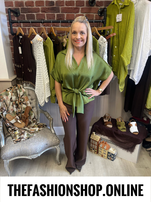 Maria olive tie front blouse 10-16
