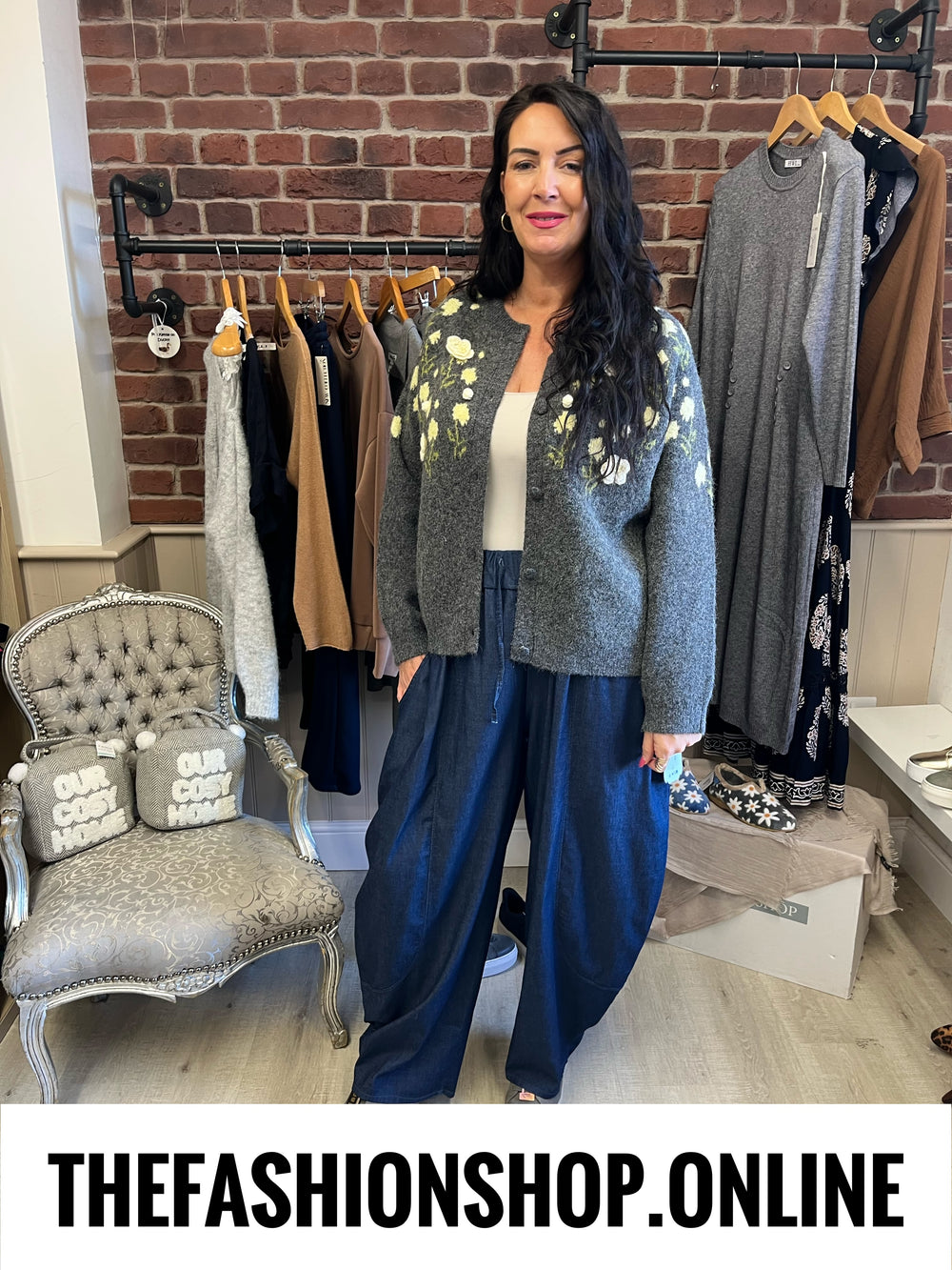 Harriet grey wool mix floral cardigan sizes 10-12, 14-16 and 18-20