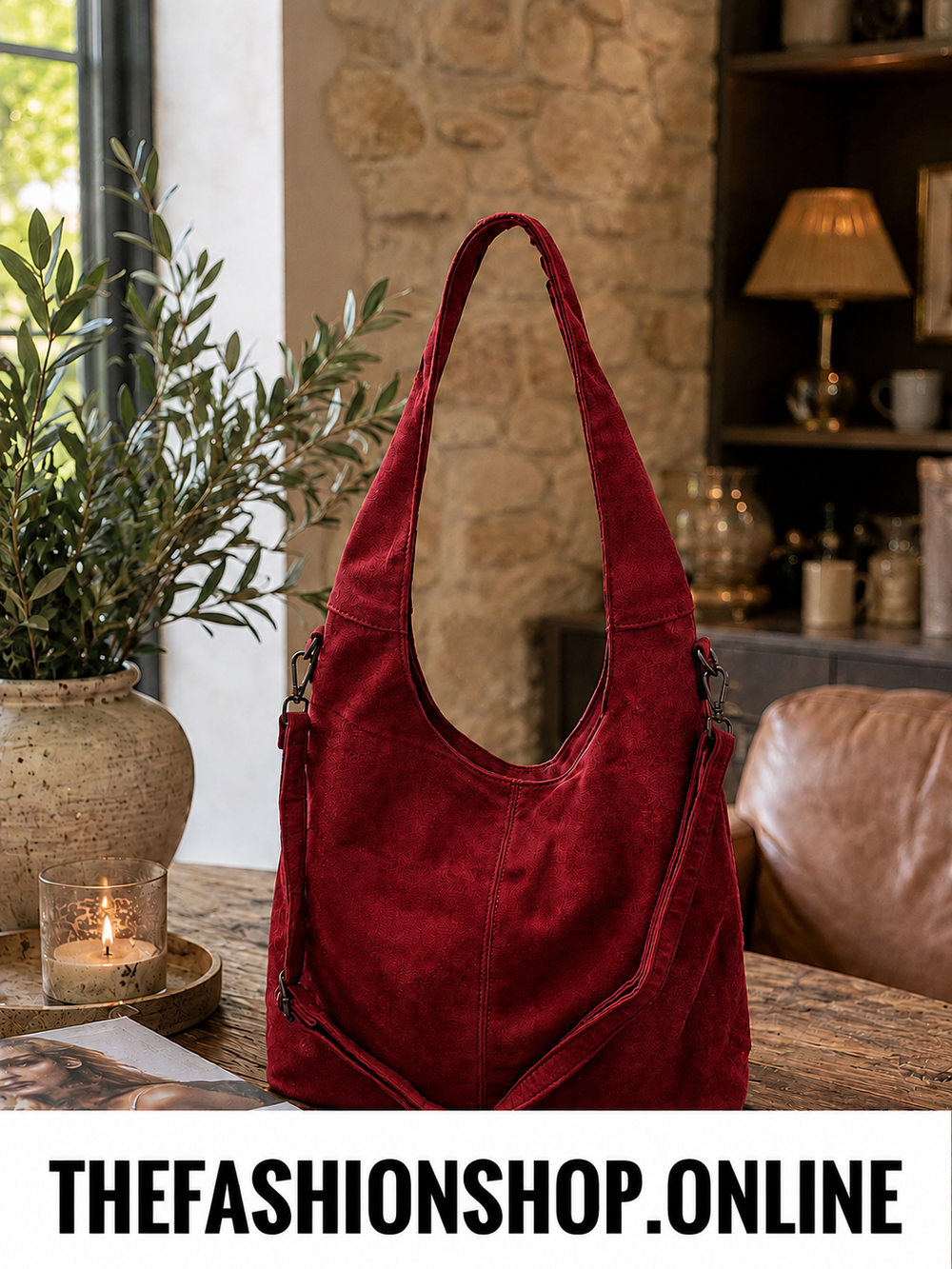 The Rowan Faux Suede Shoulder Bag in Wine