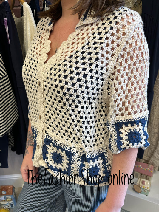 Tara Crochet Cardigan in Cream With Navy 10-16