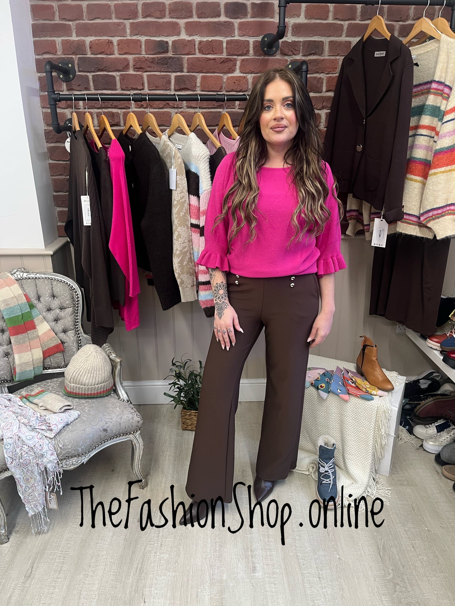 Tess hot pink jumper with frill sleeve 8-14