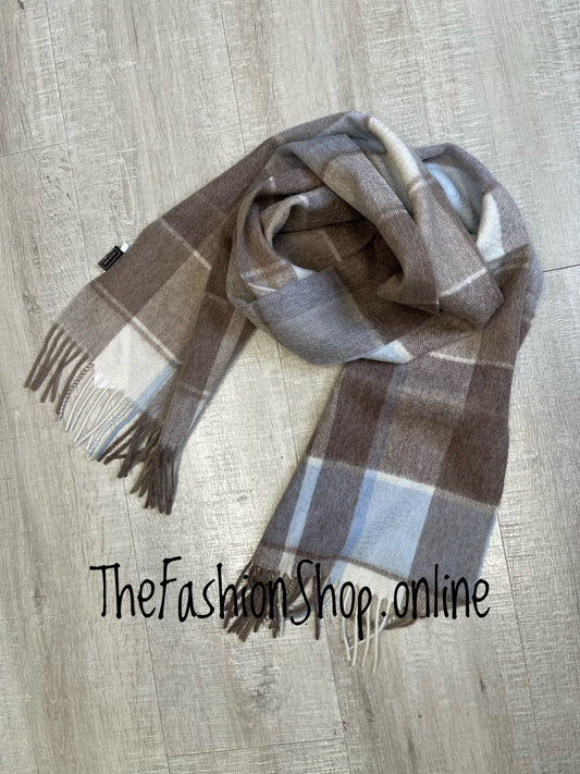 Coffee and blue checked wool scarf