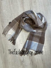 Coffee and blue checked wool scarf