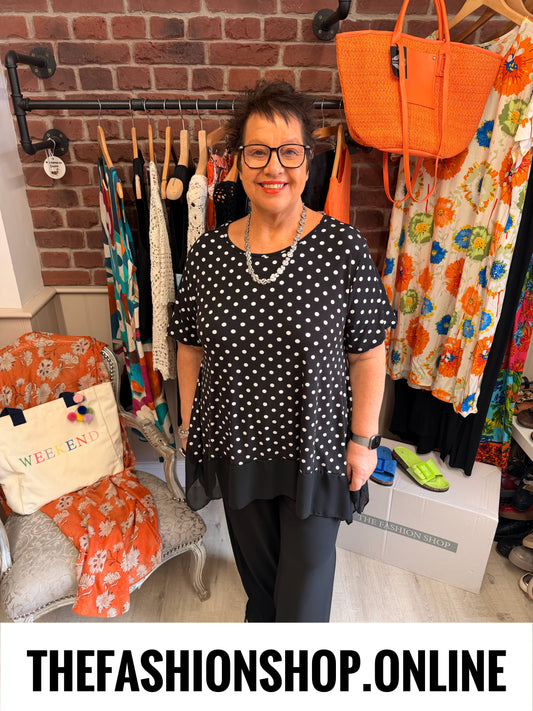 Luna black polka dot chiffon hem top 14-20