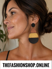 Tan Beige and Black Colour Block Earrings
