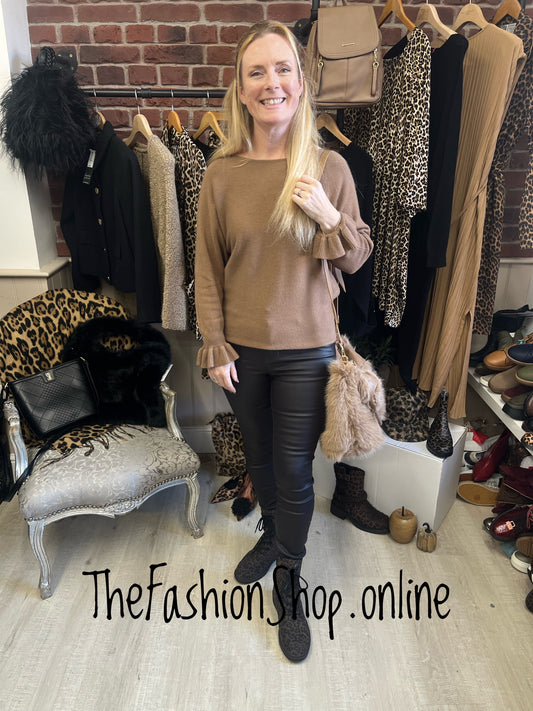 Della camel frill cuff jumper 8-16