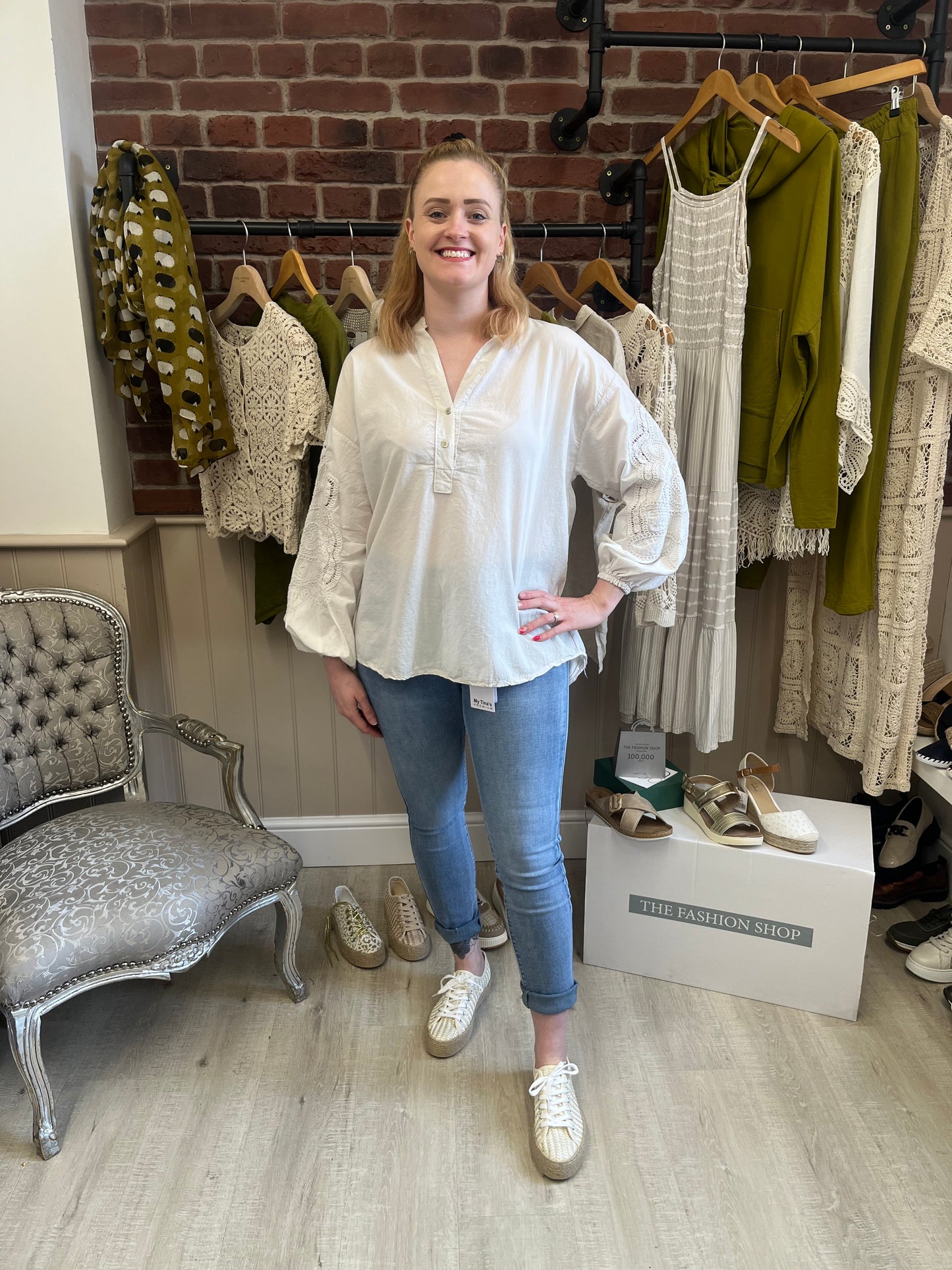 Beige embroidered sleeve shirt 10-18