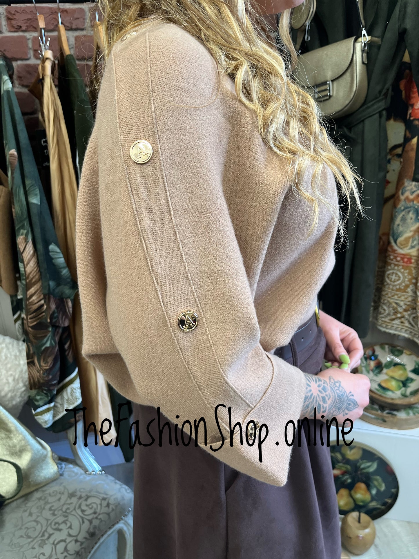 Hallie camel jumper with gold button detail 10-16