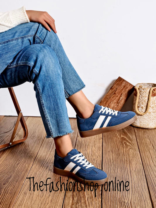 Helen navy twin stripe faux suede trainers sizes 3-8 (36-41)