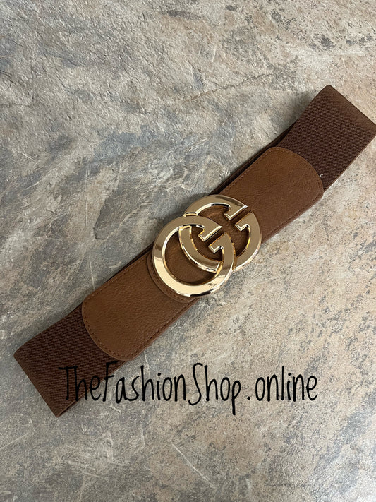 Brown elasticated belt with gold logo buckle