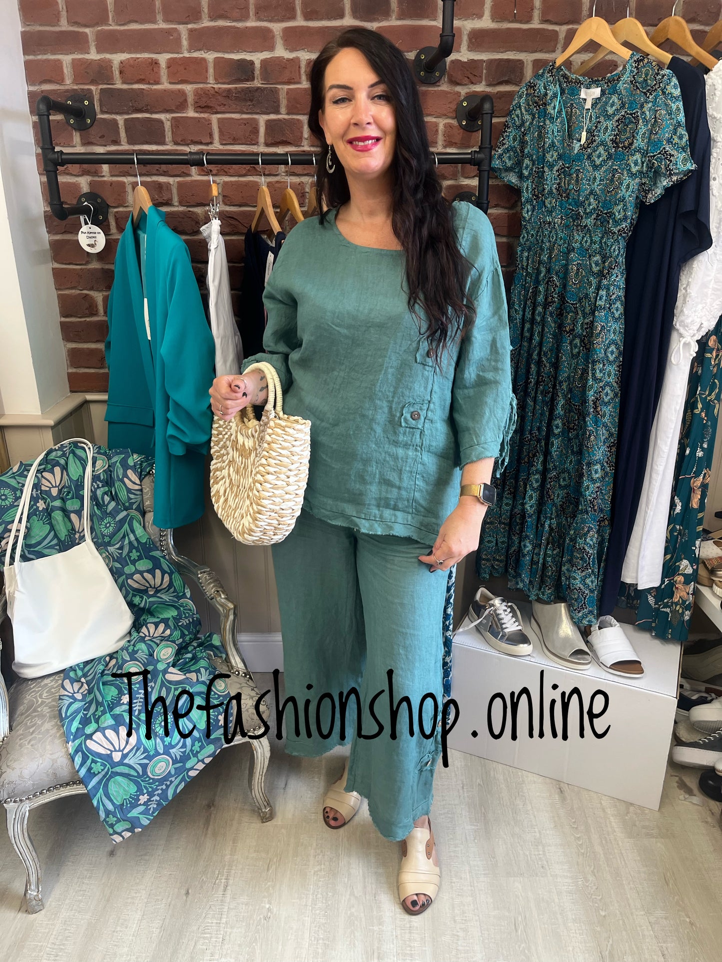 Demi teal linen raw edge top 8-14