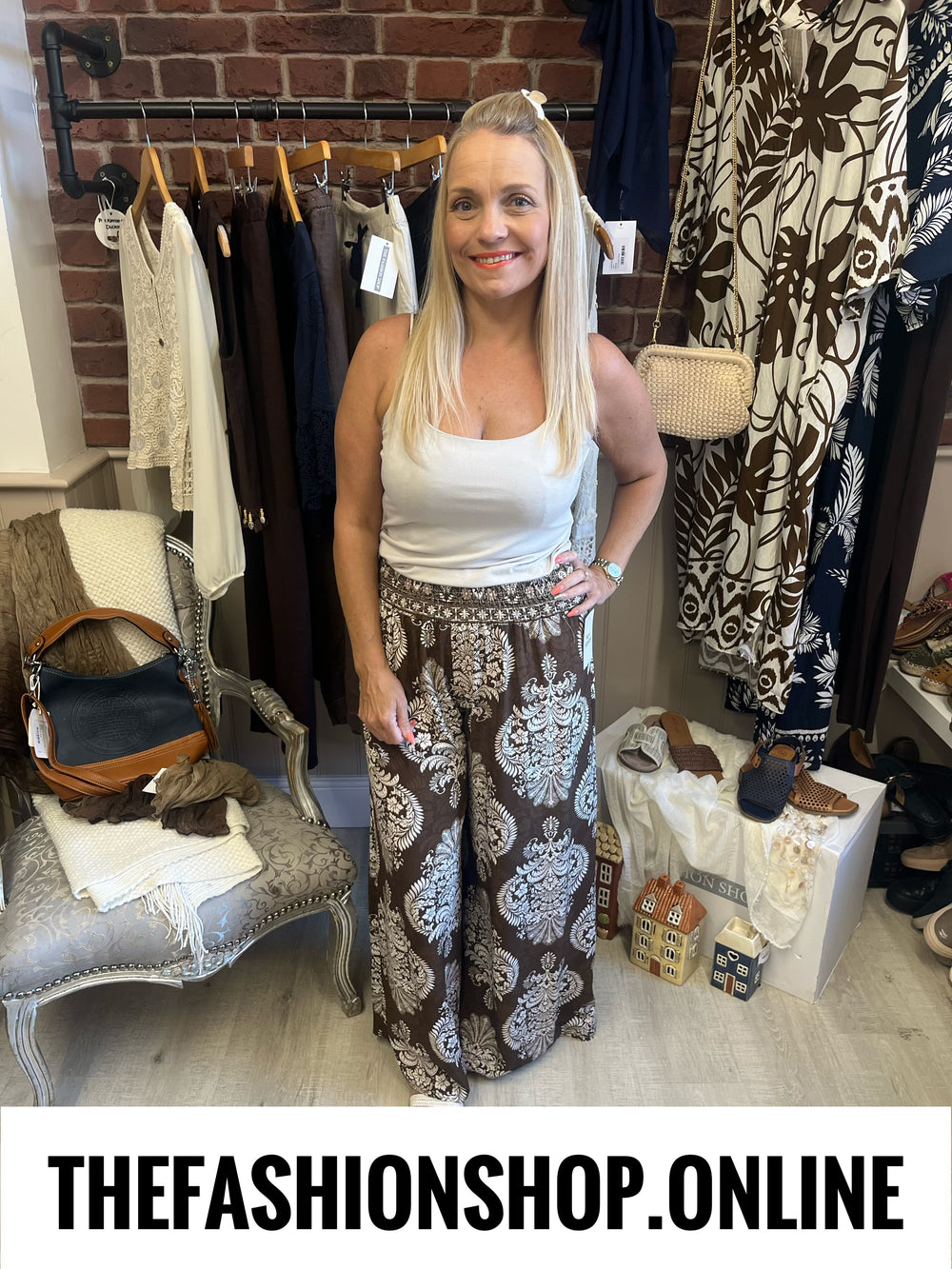 Agatha brown damask palazzo trousers 8-14