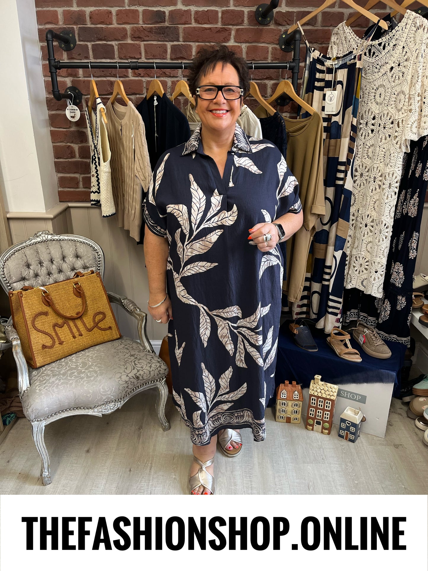 Hannah navy leaves linen mix dress 14-22