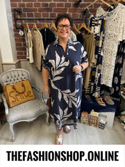 Hannah navy leaves linen mix dress 14-22