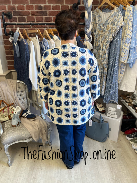 Emily navy, light blue and cream circles crochet cardigan 14-22