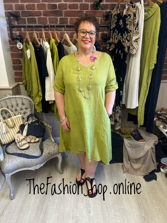 Selena olive V neck linen dress 14-20