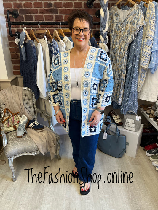Emily navy, light blue and cream patterned crochet cardigan 14-22