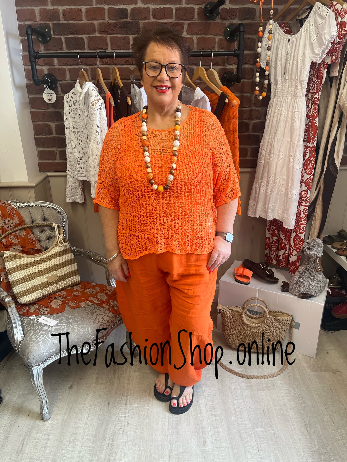 Orange popcorn open knit top 10-20