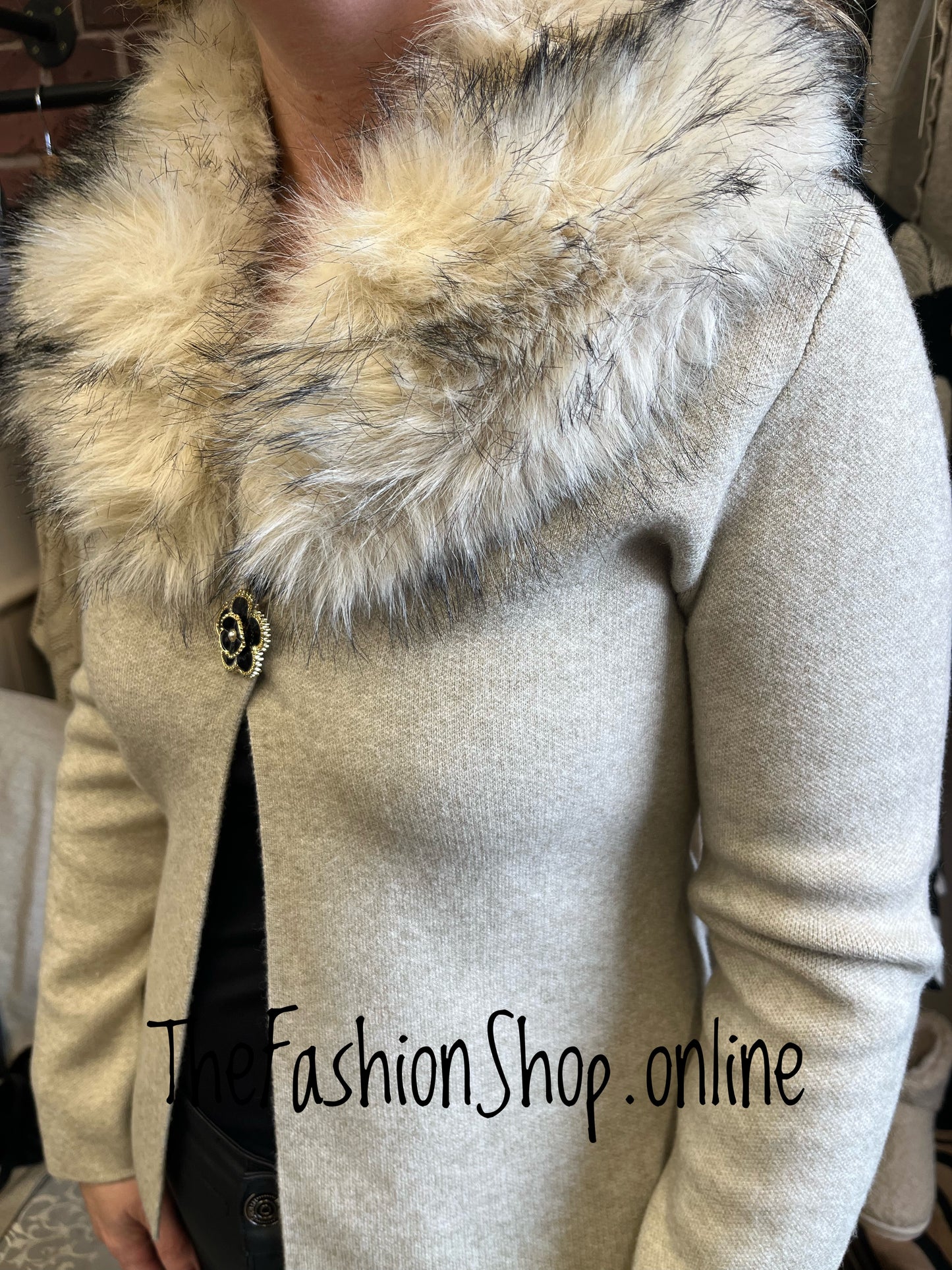 Heather beige faux fur collar coatigan 8-12