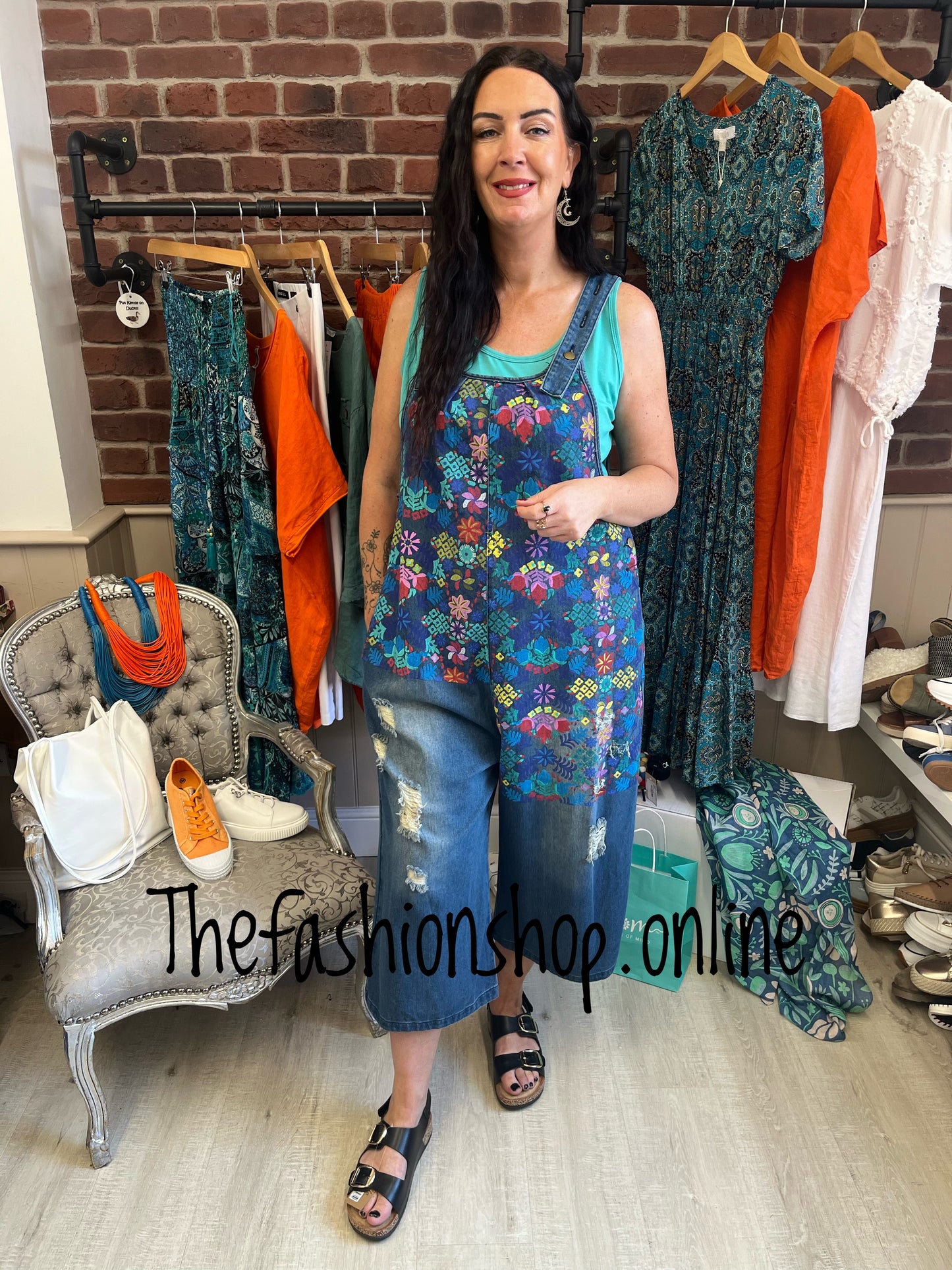 Fly out denim floral dungarees 12-18