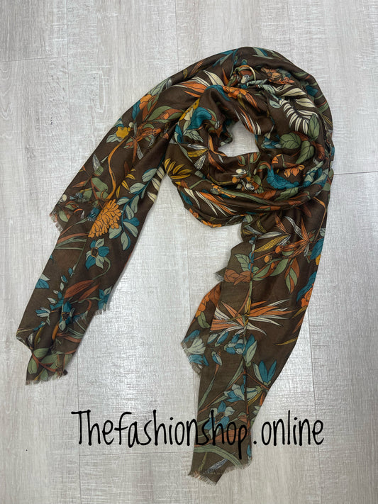 Brown mixed floral print scarf