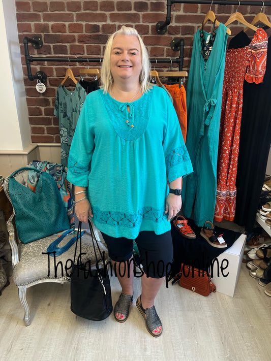 Sadie teal crochet detail top 16-22