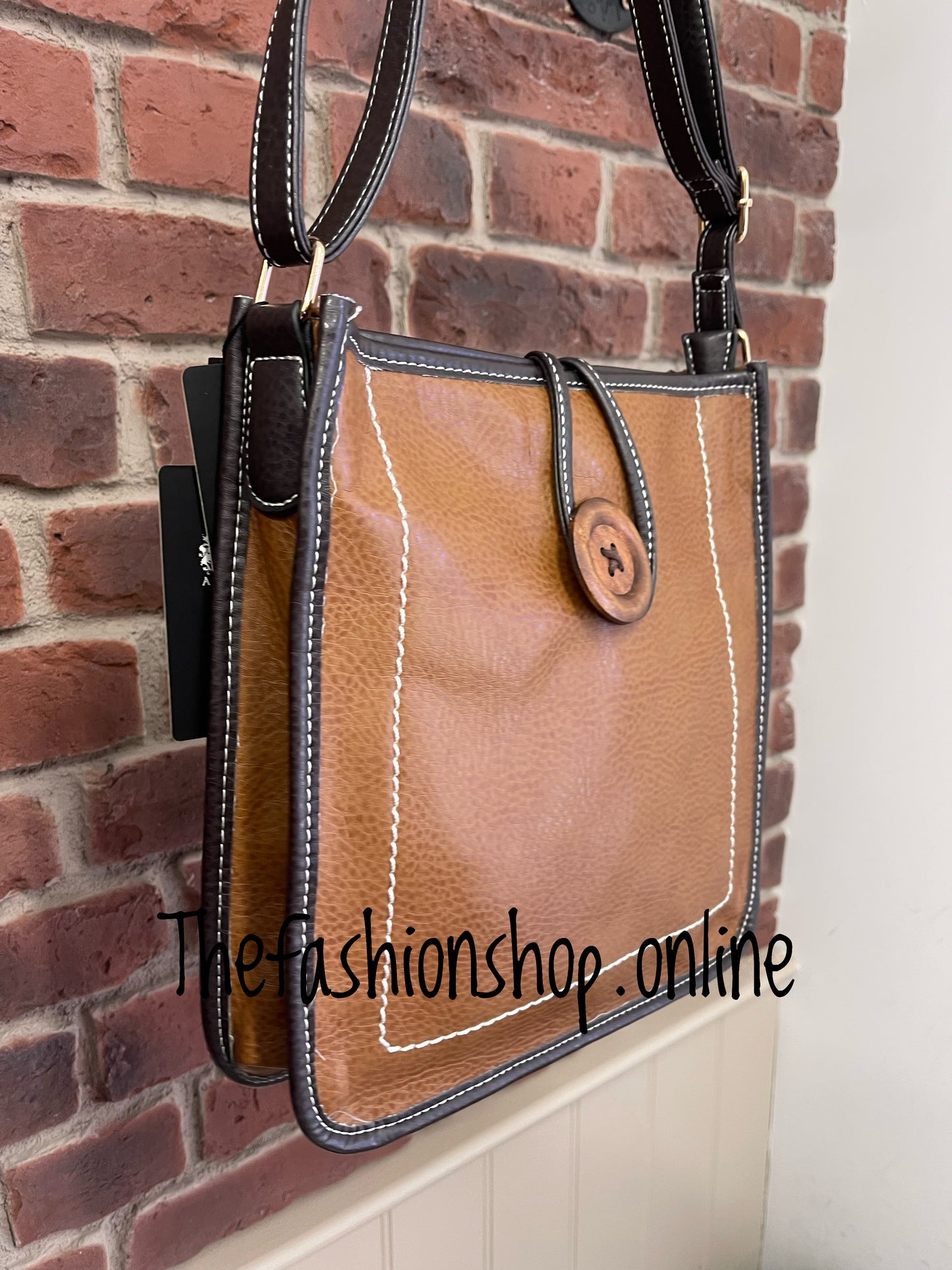 Lexi Shoulder Bag With Button and Stitch Detail in Tan