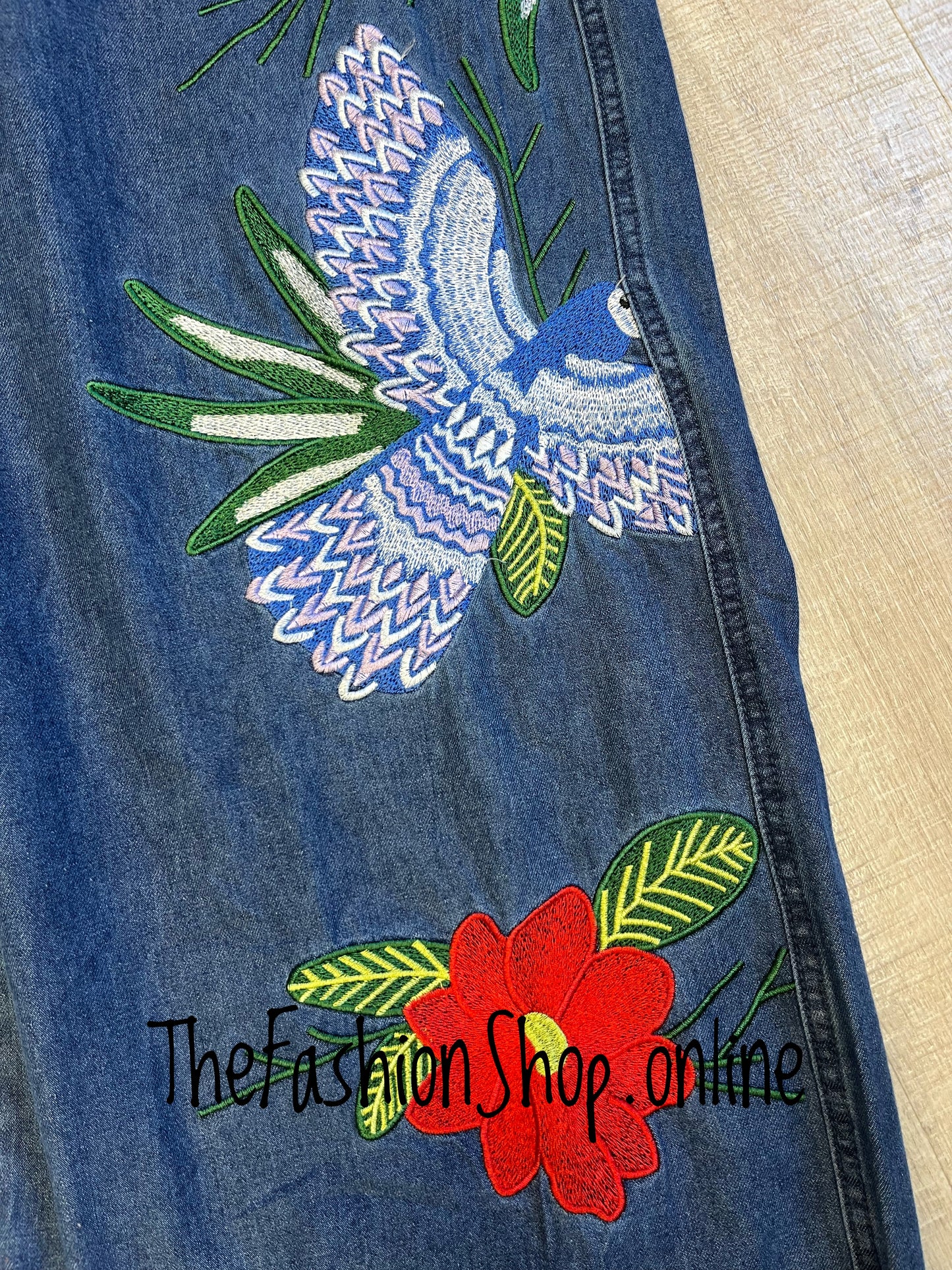 Fly Out birds of paradise wide leg jeans 8-14