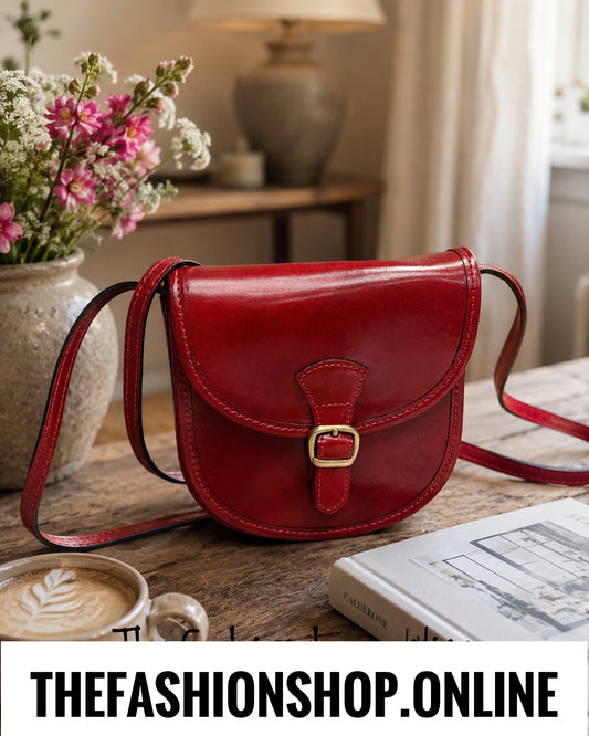 Vintage-Style Italian Leather Saddle Crossbody Bag in Oxblood Red