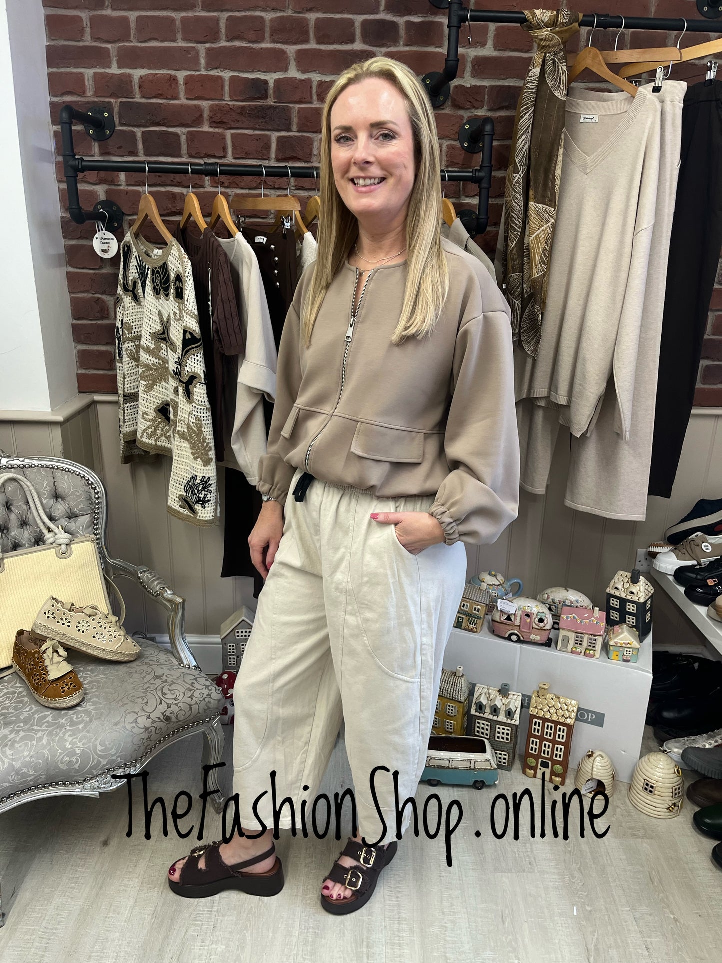Lydia beige cropped stitch trousers 10-16