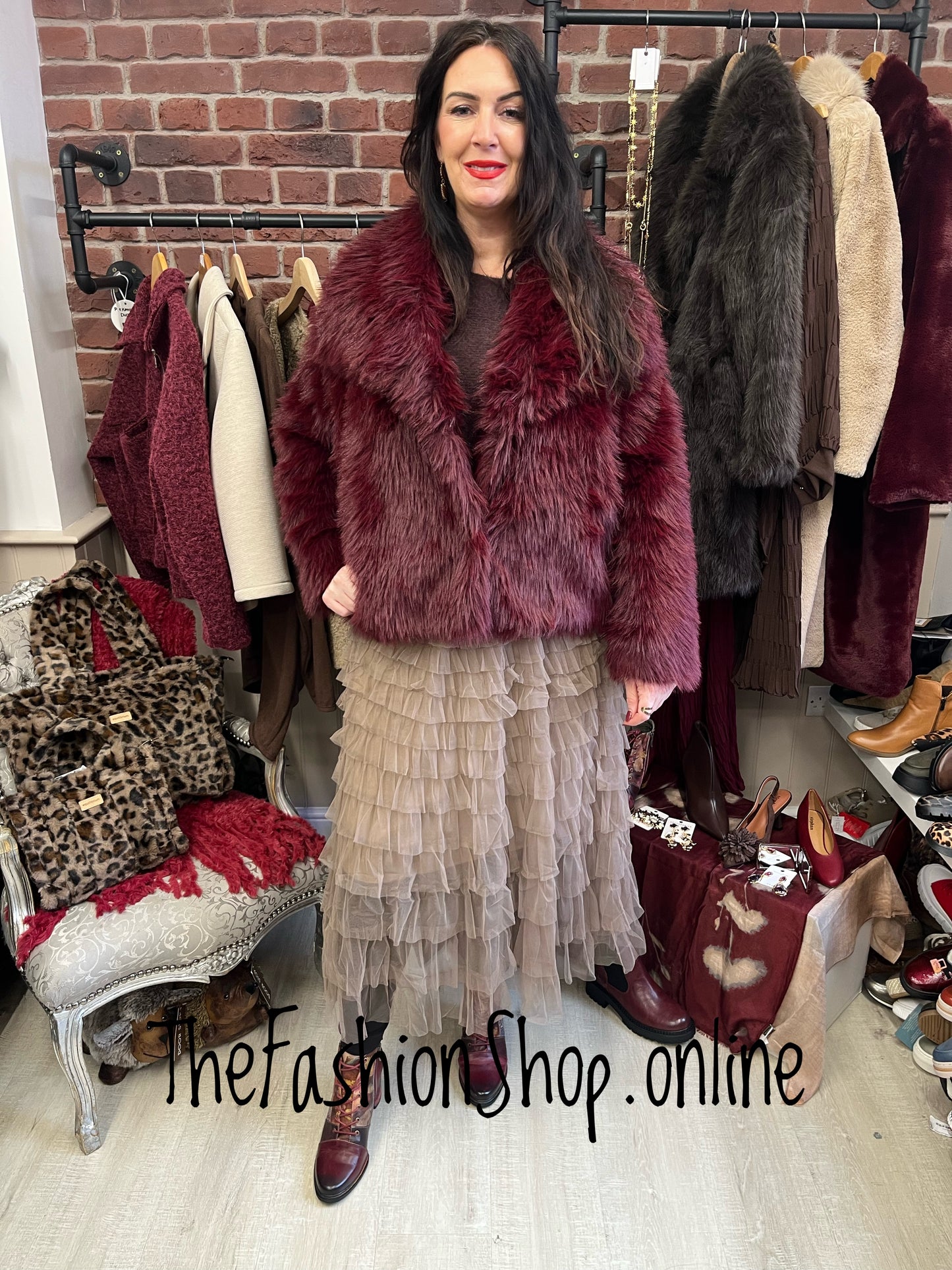 Charlie wine faux fur jacket 12-18