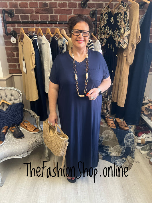 Navy V neck Dress Up Dress Down Dress with side split 16-26