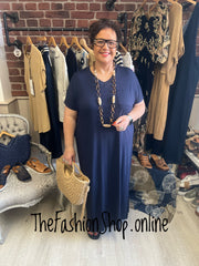 Navy V neck Dress Up Dress Down Dress with side split 16-26