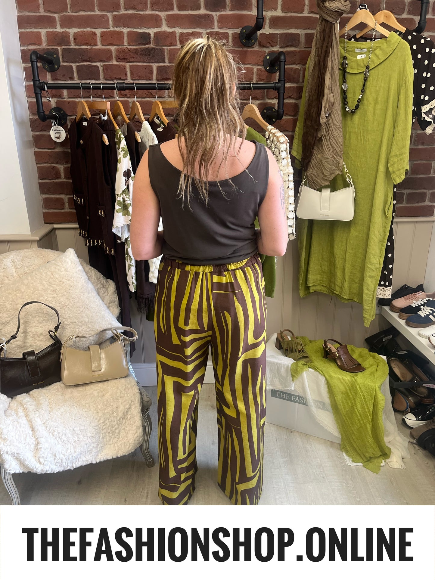 Ebony olive and brown wide leg trousers 10-16