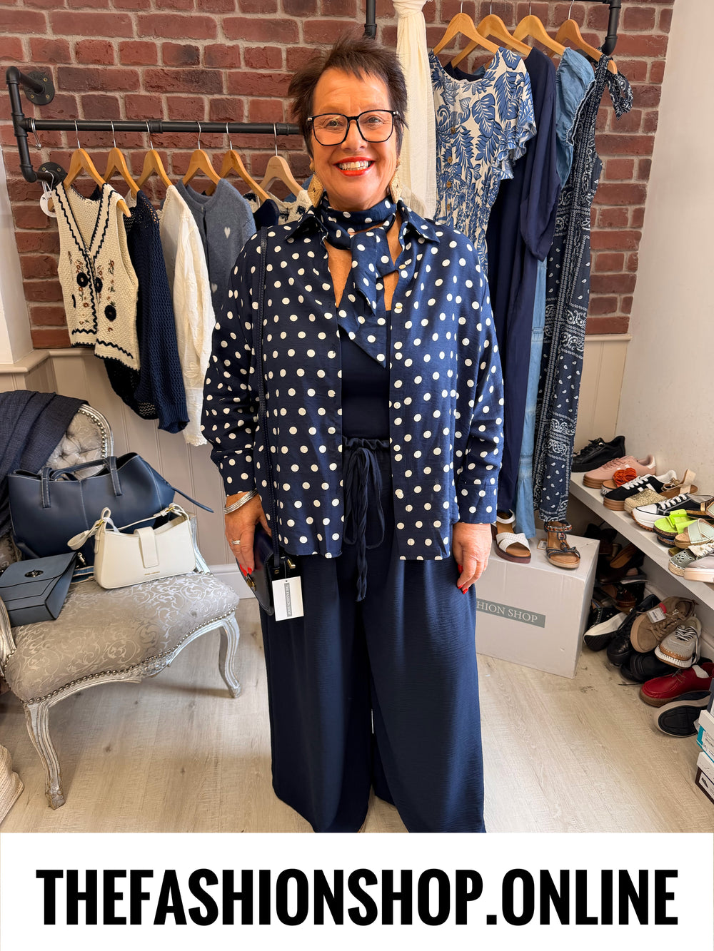 Norah navy polka dot linen mix blouse 14-20