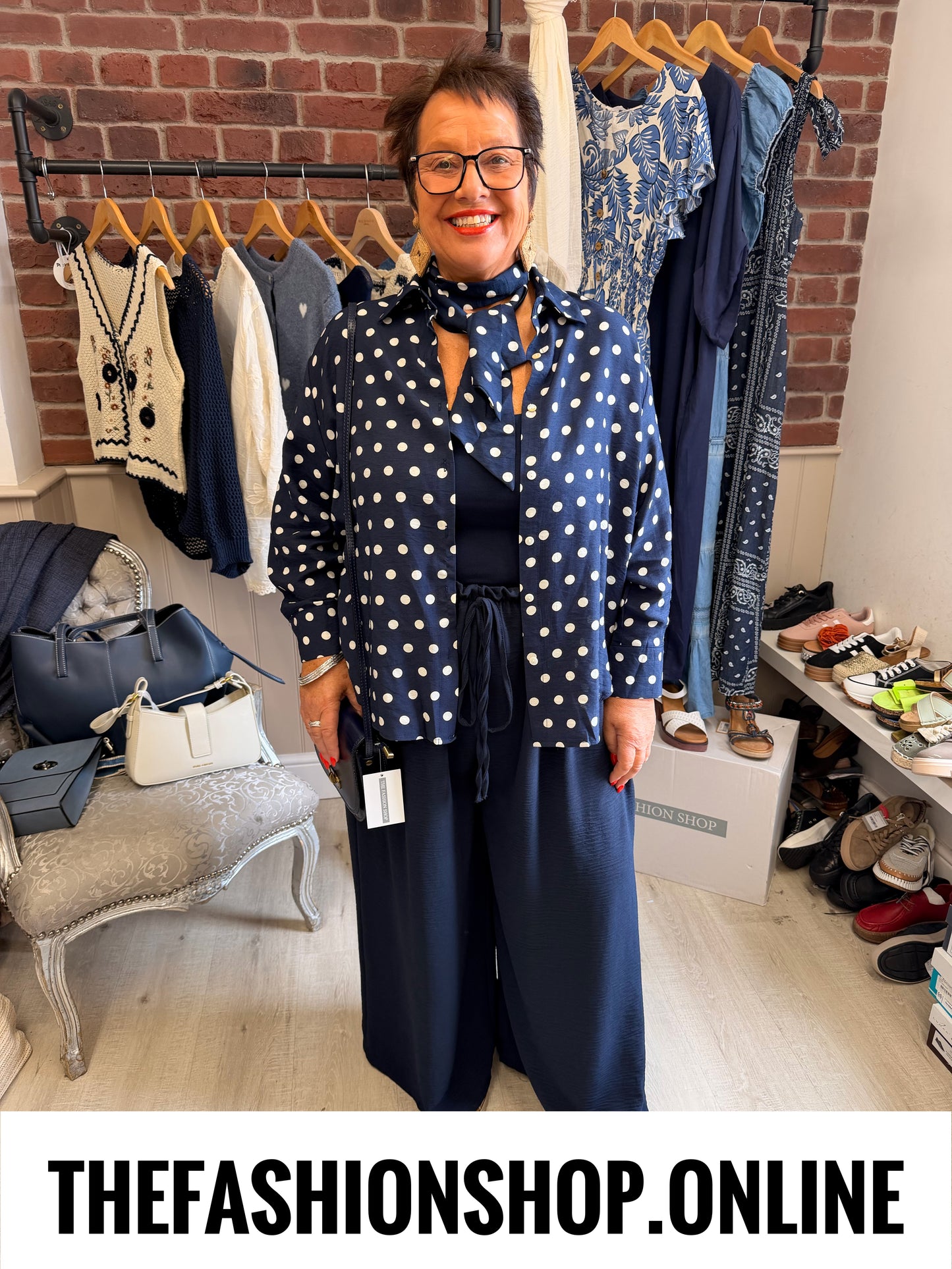 Norah navy polka dot linen mix blouse 14-20