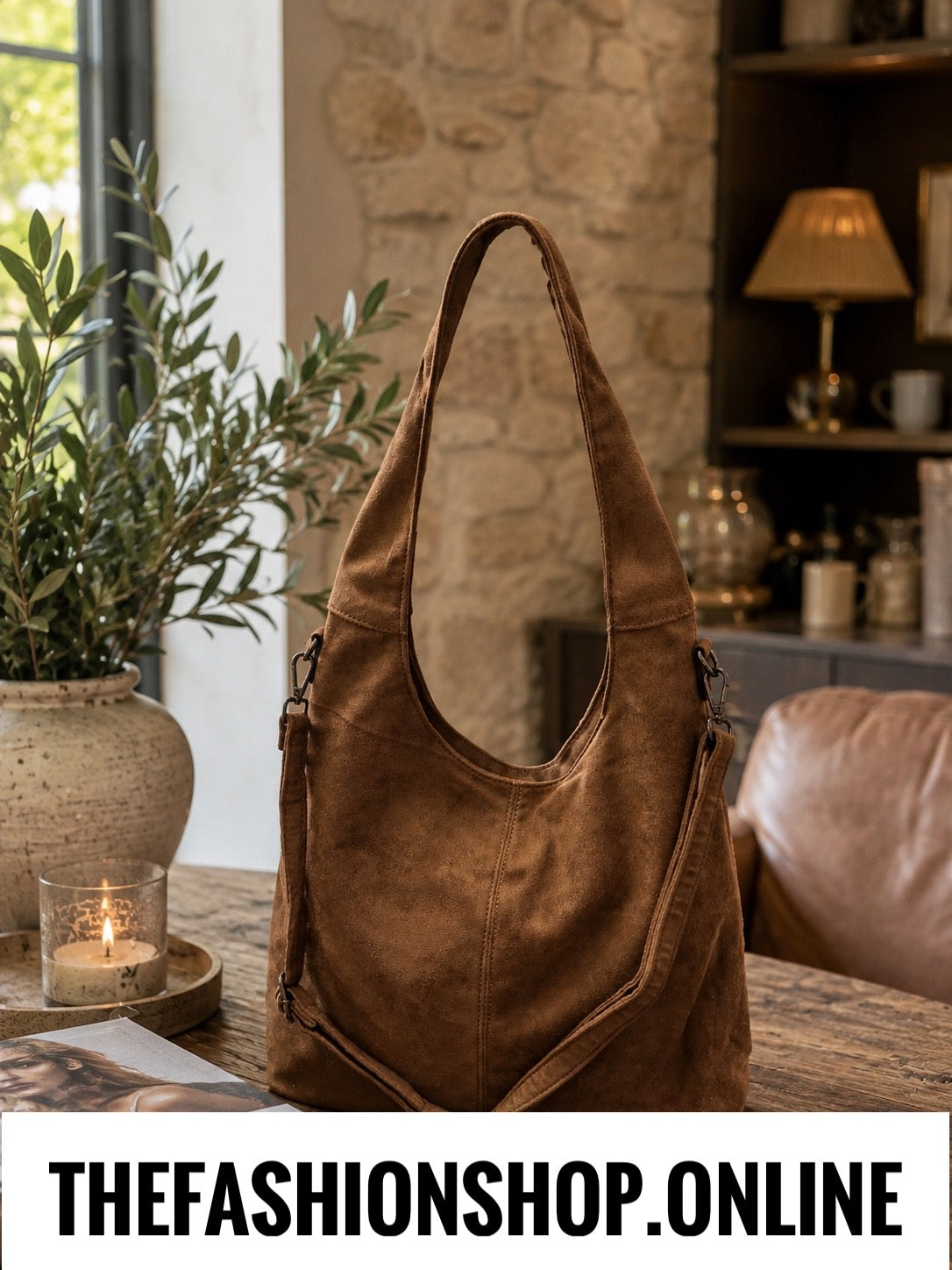 The Rowan Faux Suede Shoulder Bag in Brown