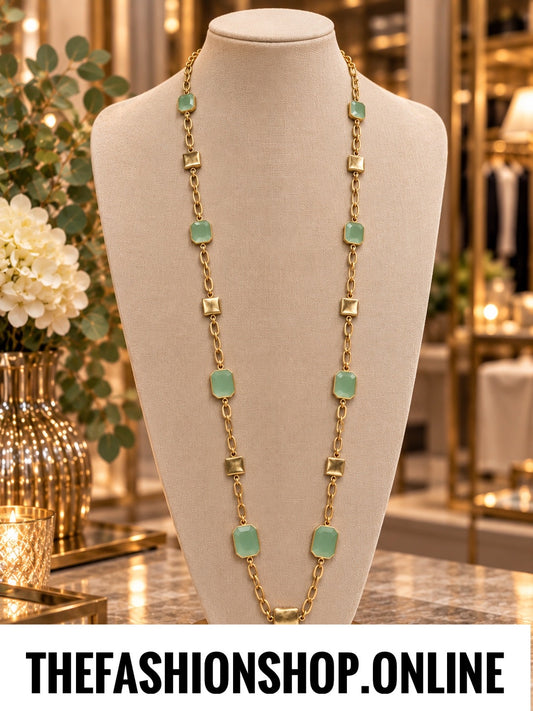 Envy gold squares with green stones necklace