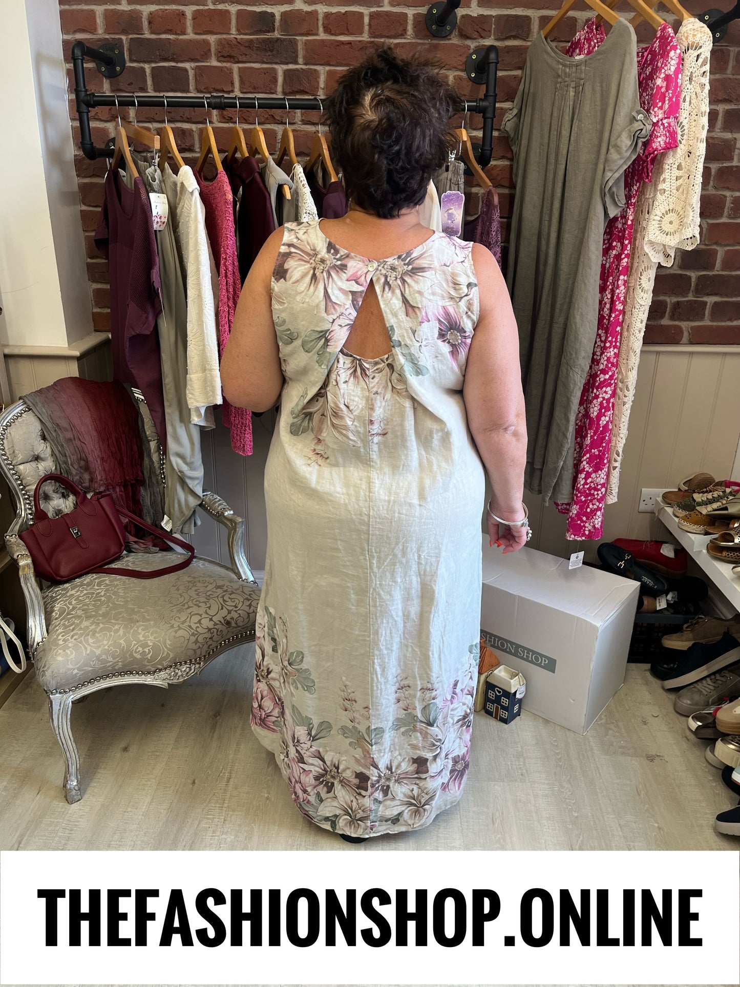 Neve beige linen floral dress 12-18
