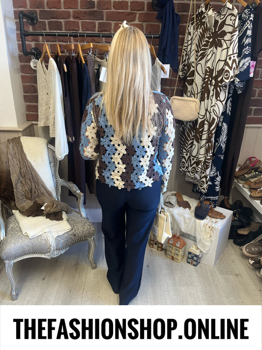 Liv brown, blue and cream crochet cardigan 8-10 and 12-14