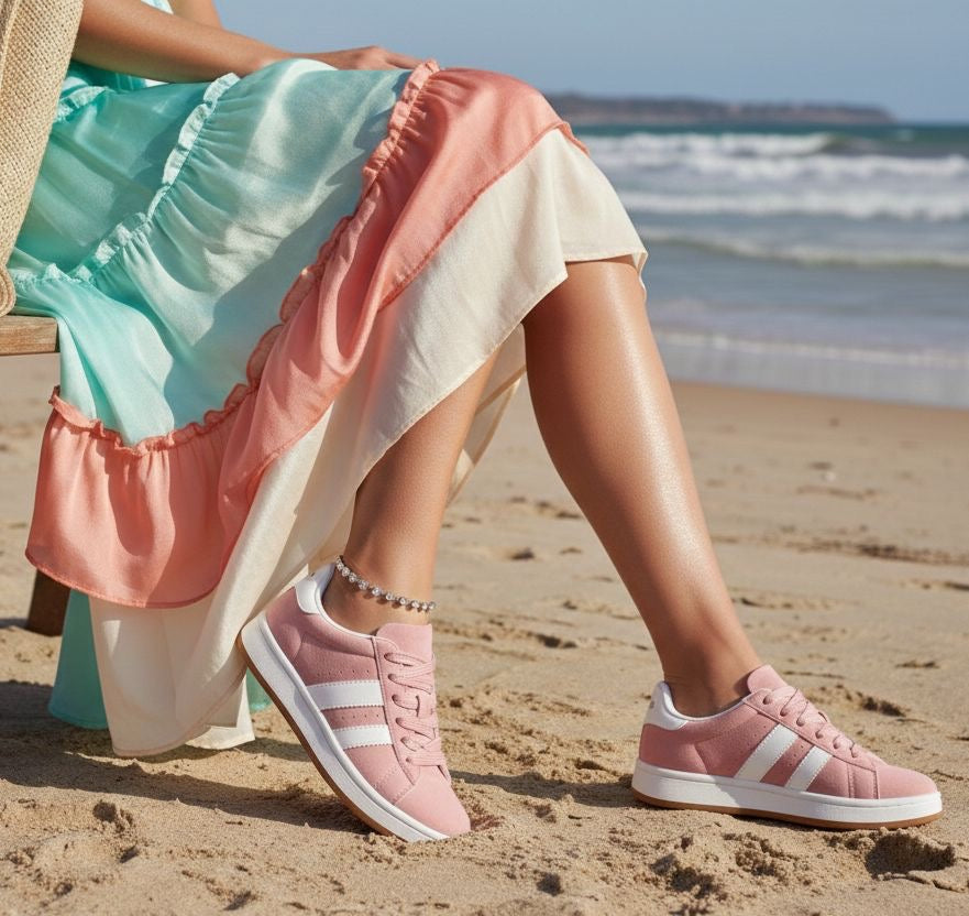 Elsie pink twin stripe faux suede trainers sizes 4-8 (37-41)