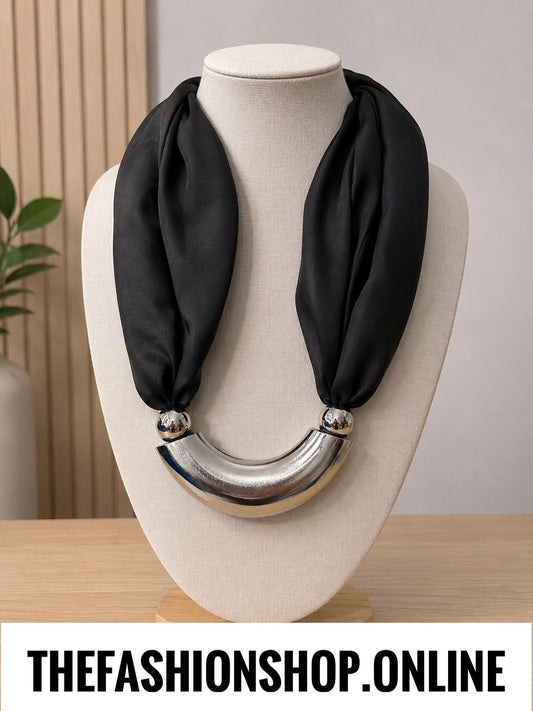 Midnight Silver Statement Necklace with Satin scarf